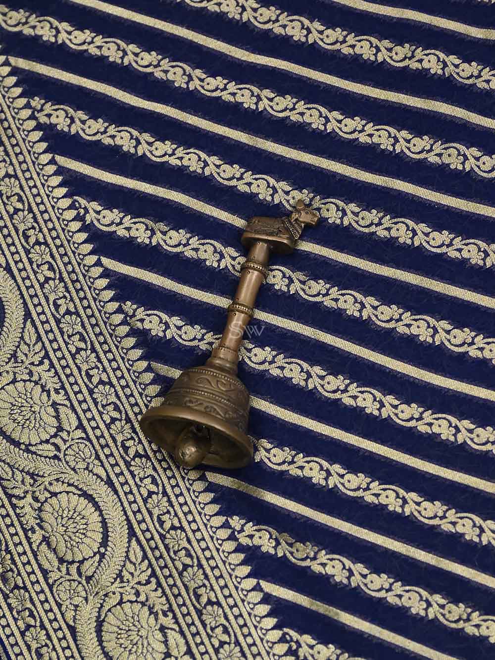 Navy Blue Stripe Khaddi Georgette Handloom Banarasi Saree - Sacred Weaves