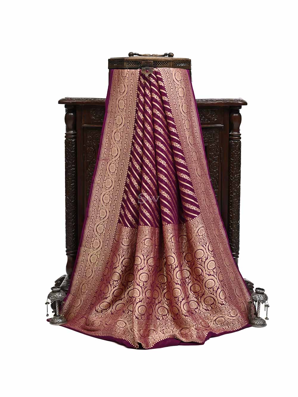 Purple Stripe Khaddi Georgette Handloom Banarasi Saree - Sacred Weaves