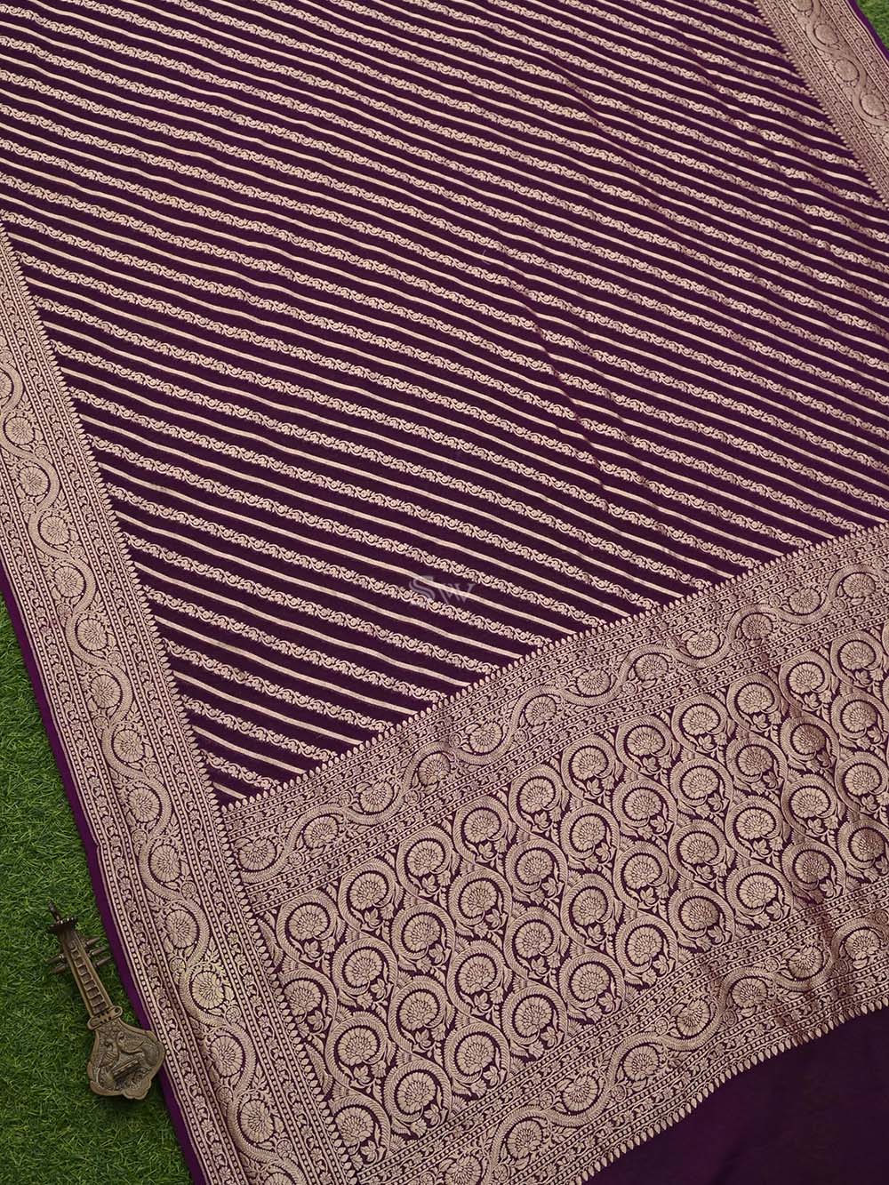 Purple Stripe Khaddi Georgette Handloom Banarasi Saree - Sacred Weaves