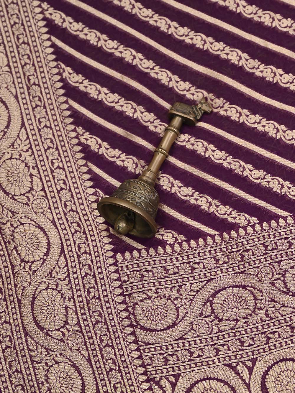 Purple Stripe Khaddi Georgette Handloom Banarasi Saree - Sacred Weaves