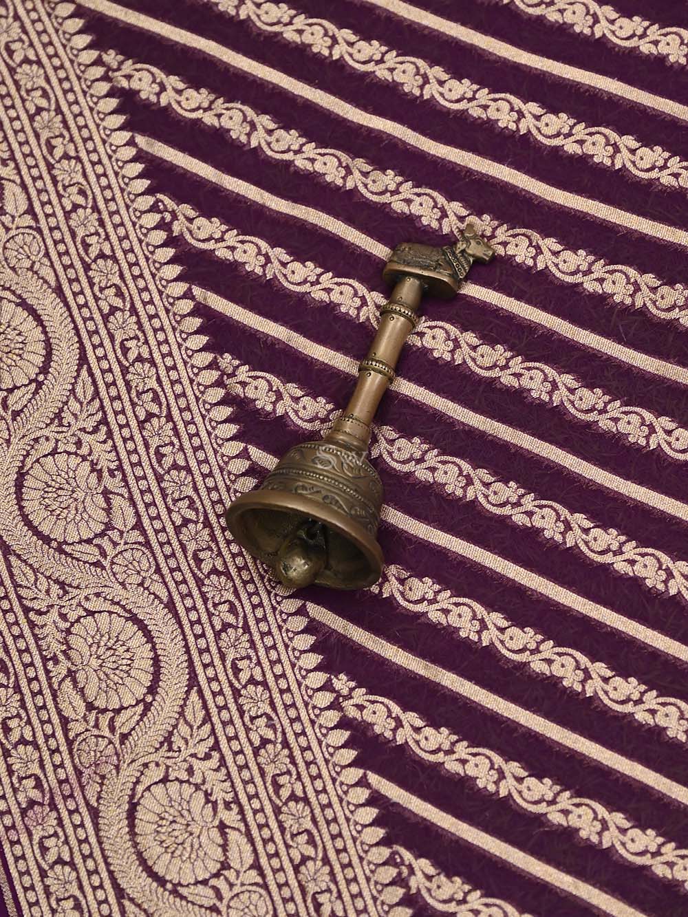 Purple Stripe Khaddi Georgette Handloom Banarasi Saree - Sacred Weaves