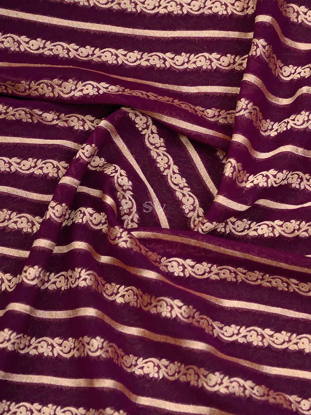 Purple Stripe Khaddi Georgette Handloom Banarasi Saree - Sacred Weaves