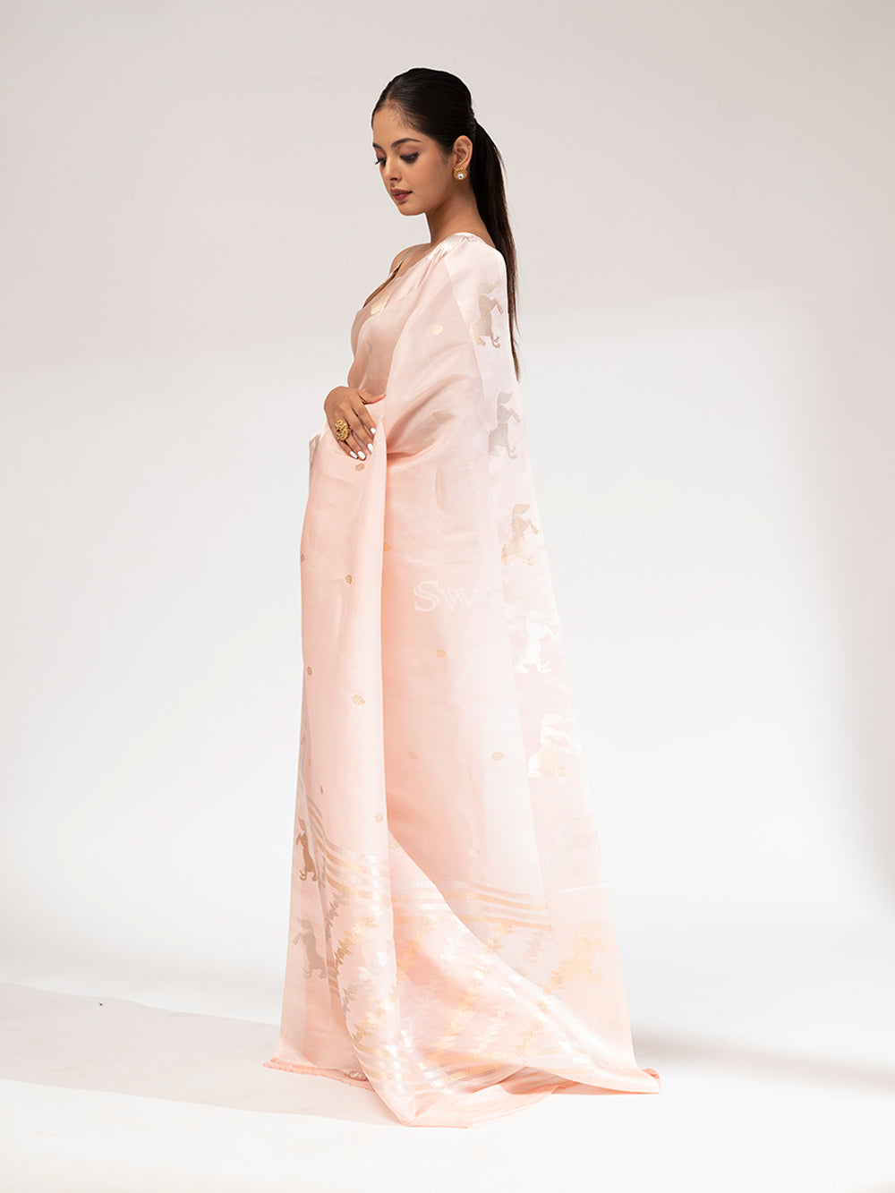 Blush Pink Organza Handloom Banarasi Saree - Sacred Weaves