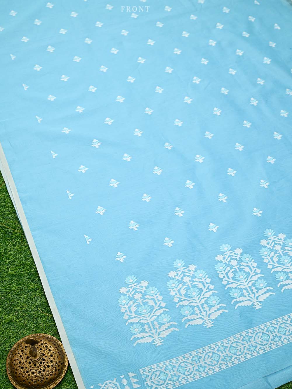 Pastel Blue Booti Cotton Silk Handloom Banarasi Suit - Sacred Weaves