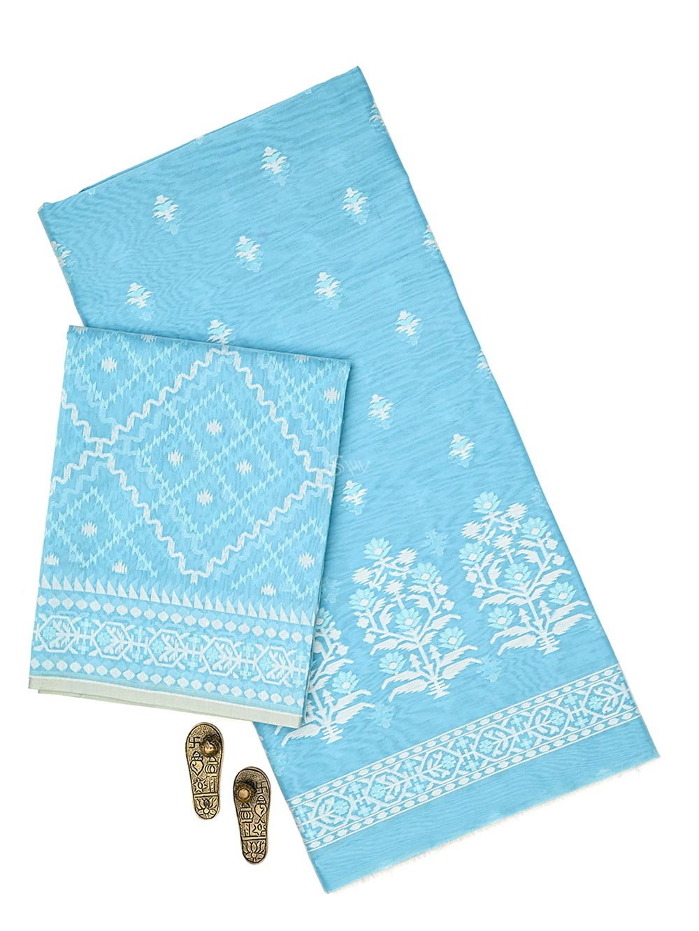 Pastel Blue Booti Cotton Silk Handloom Banarasi Suit - Sacred Weaves