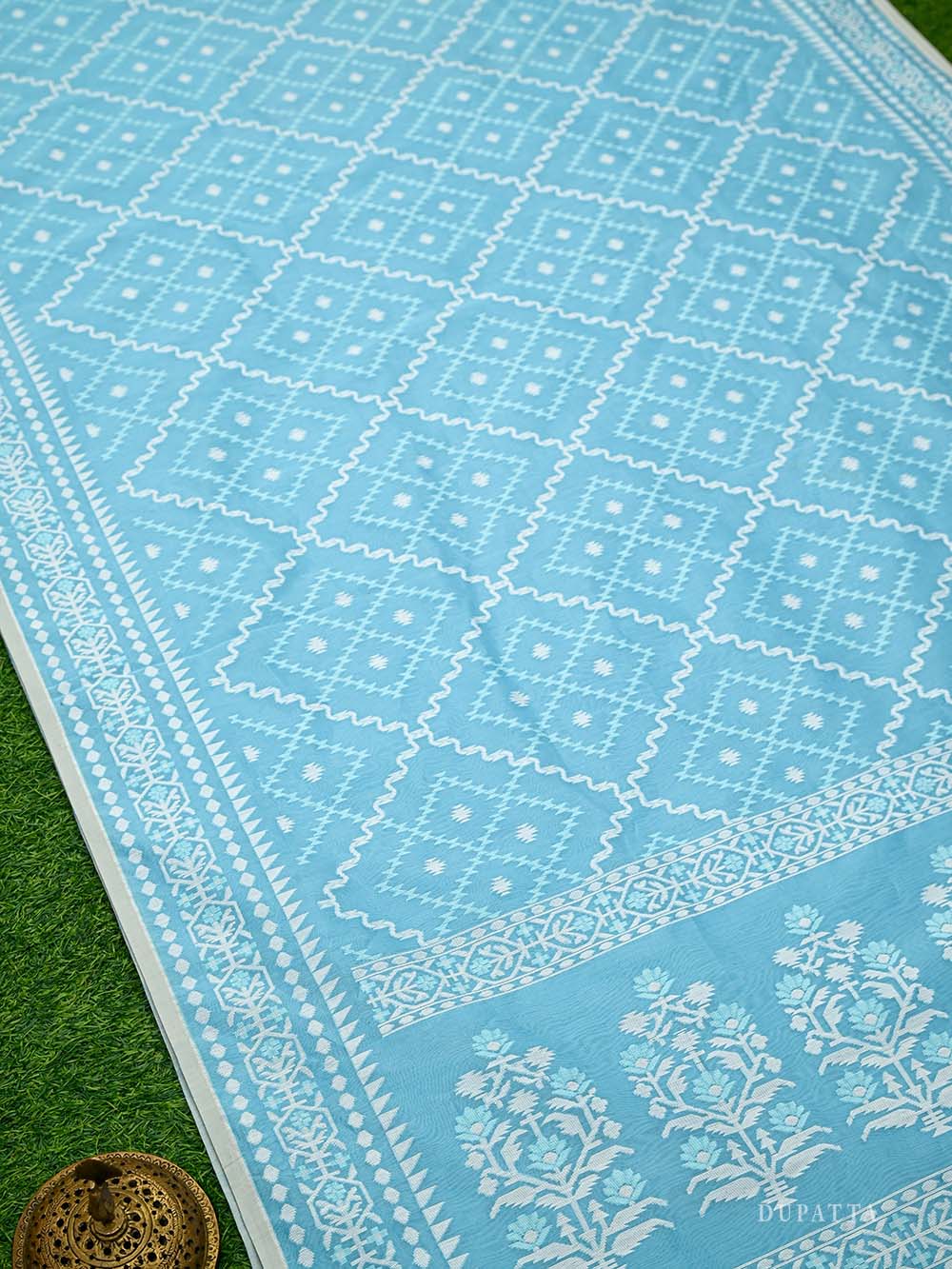 Pastel Blue Booti Cotton Silk Handloom Banarasi Suit - Sacred Weaves