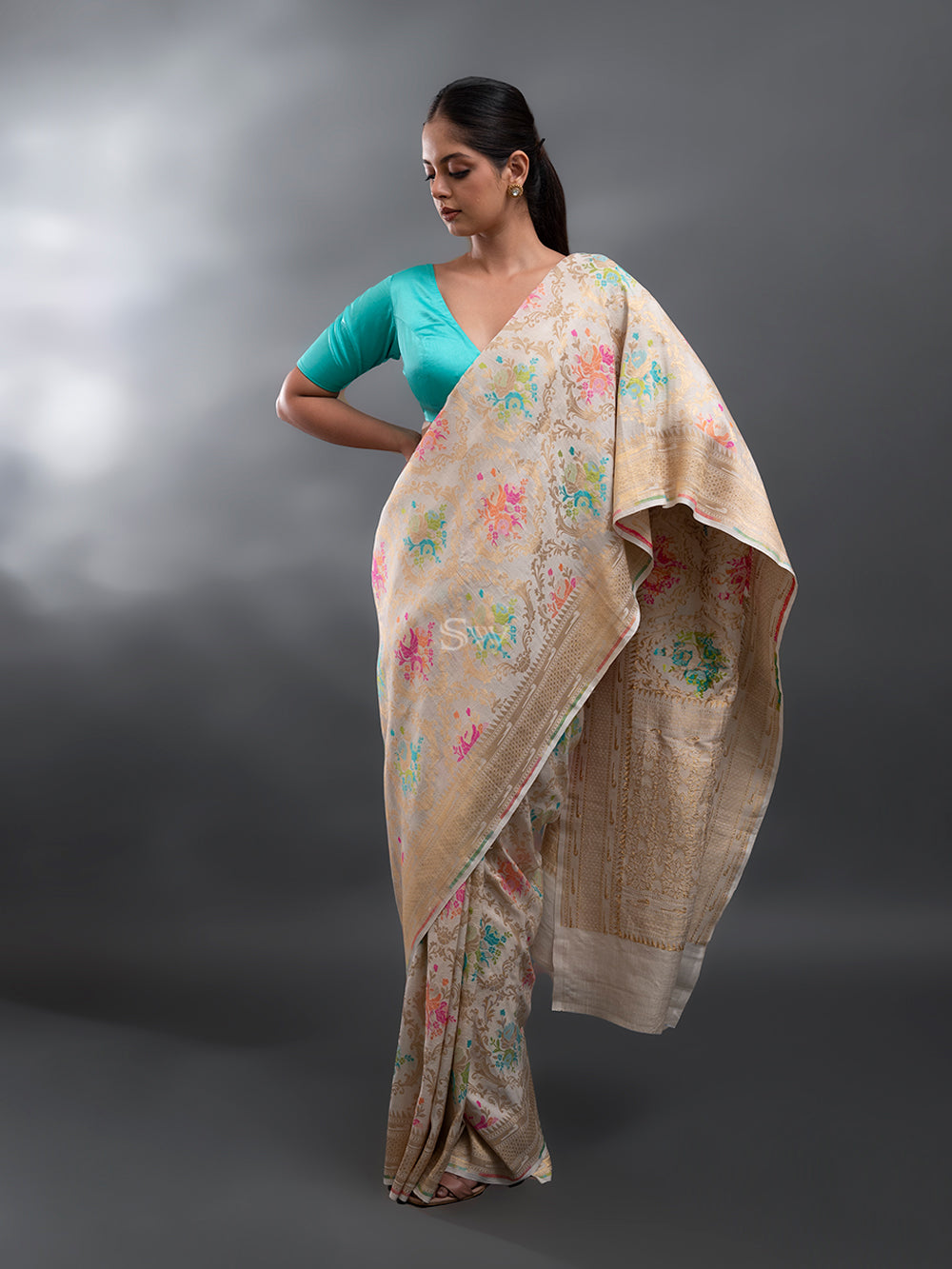 Beige Meenakari Tussar Georgette Handloom Banarasi Saree - Sacred Weaves