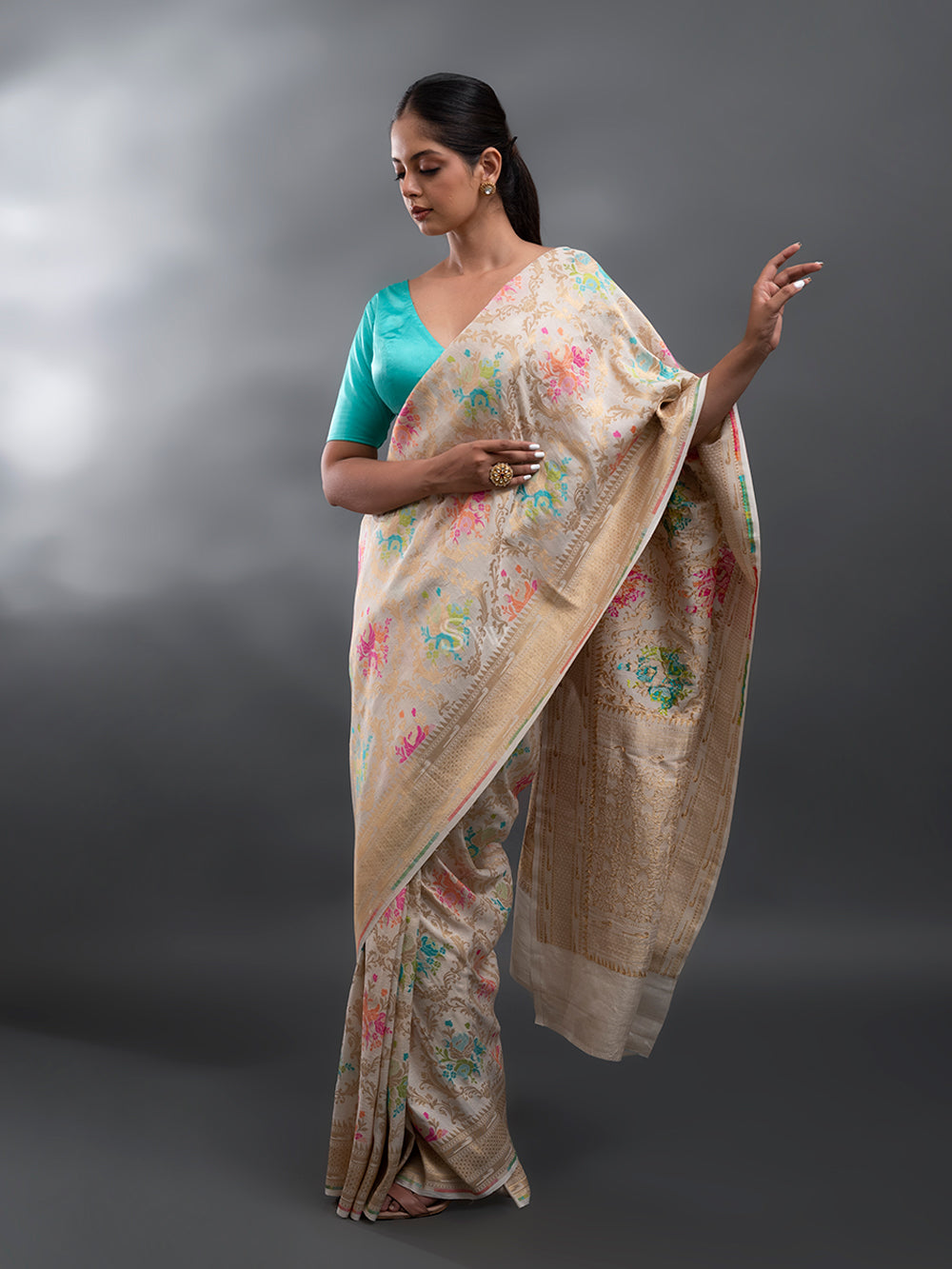 Beige Meenakari Tussar Georgette Handloom Banarasi Saree - Sacred Weaves