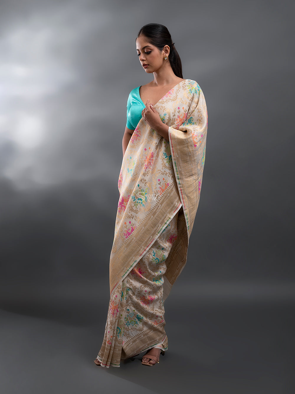 Beige Meenakari Tussar Georgette Handloom Banarasi Saree - Sacred Weaves