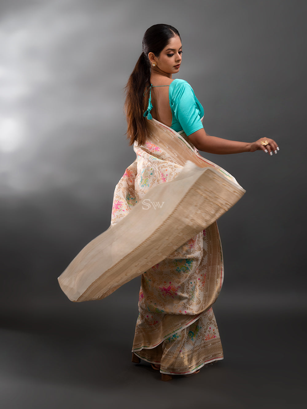 Beige Meenakari Tussar Georgette Handloom Banarasi Saree - Sacred Weaves