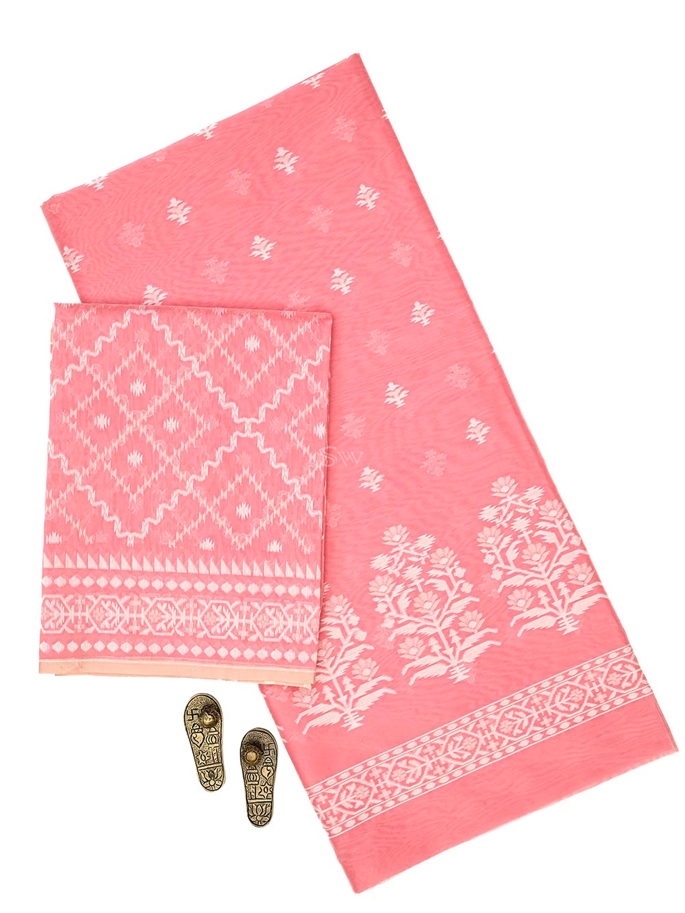 Coral Pink Jaal Cotton Silk Handloom Banarasi Suit - Sacred Weaves