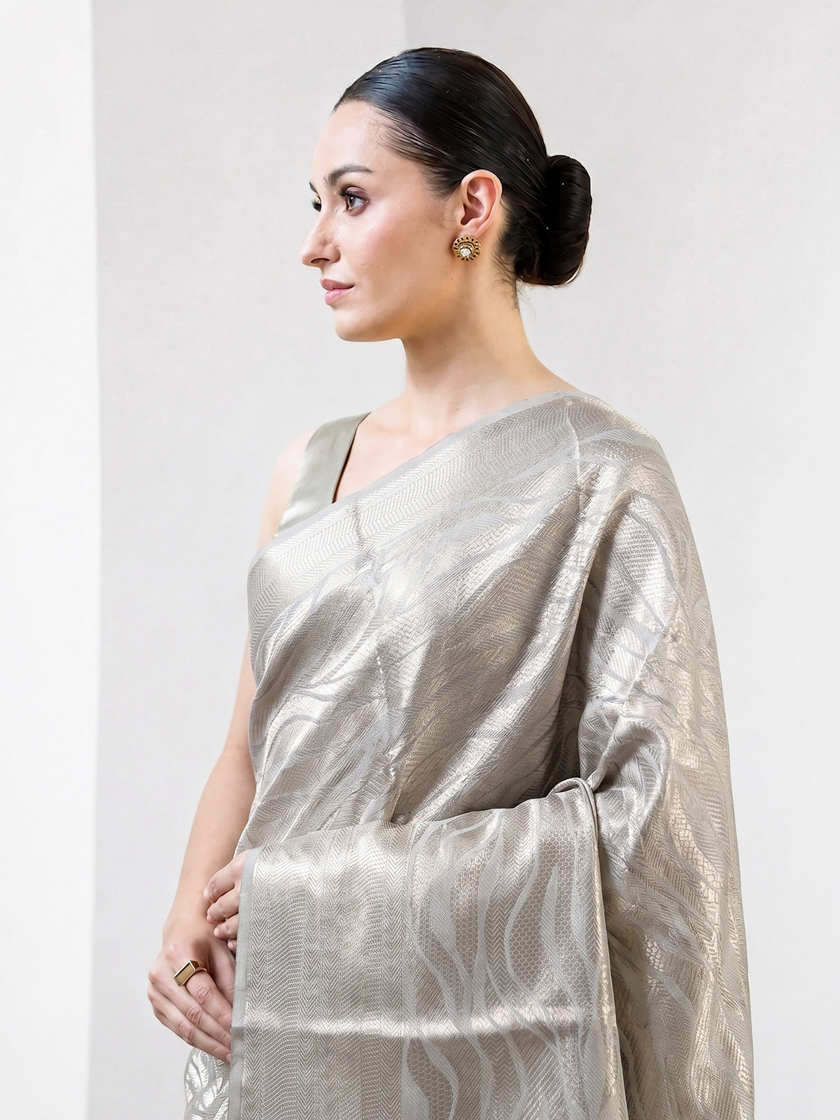 Grey Tissue Brocade Handloom Banarasi Saree - Sacred Weaves