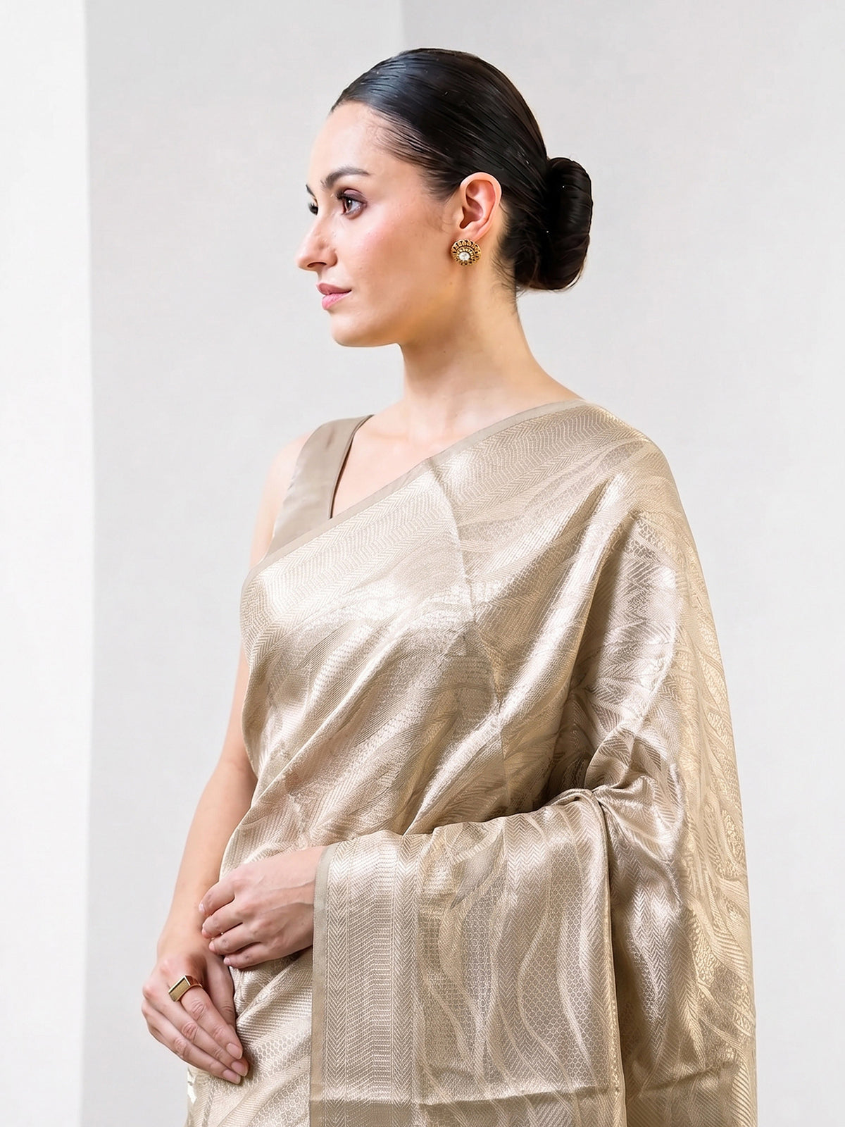 Dark Beige Tissue Brocade Handloom Banarasi Saree - Sacred Weaves