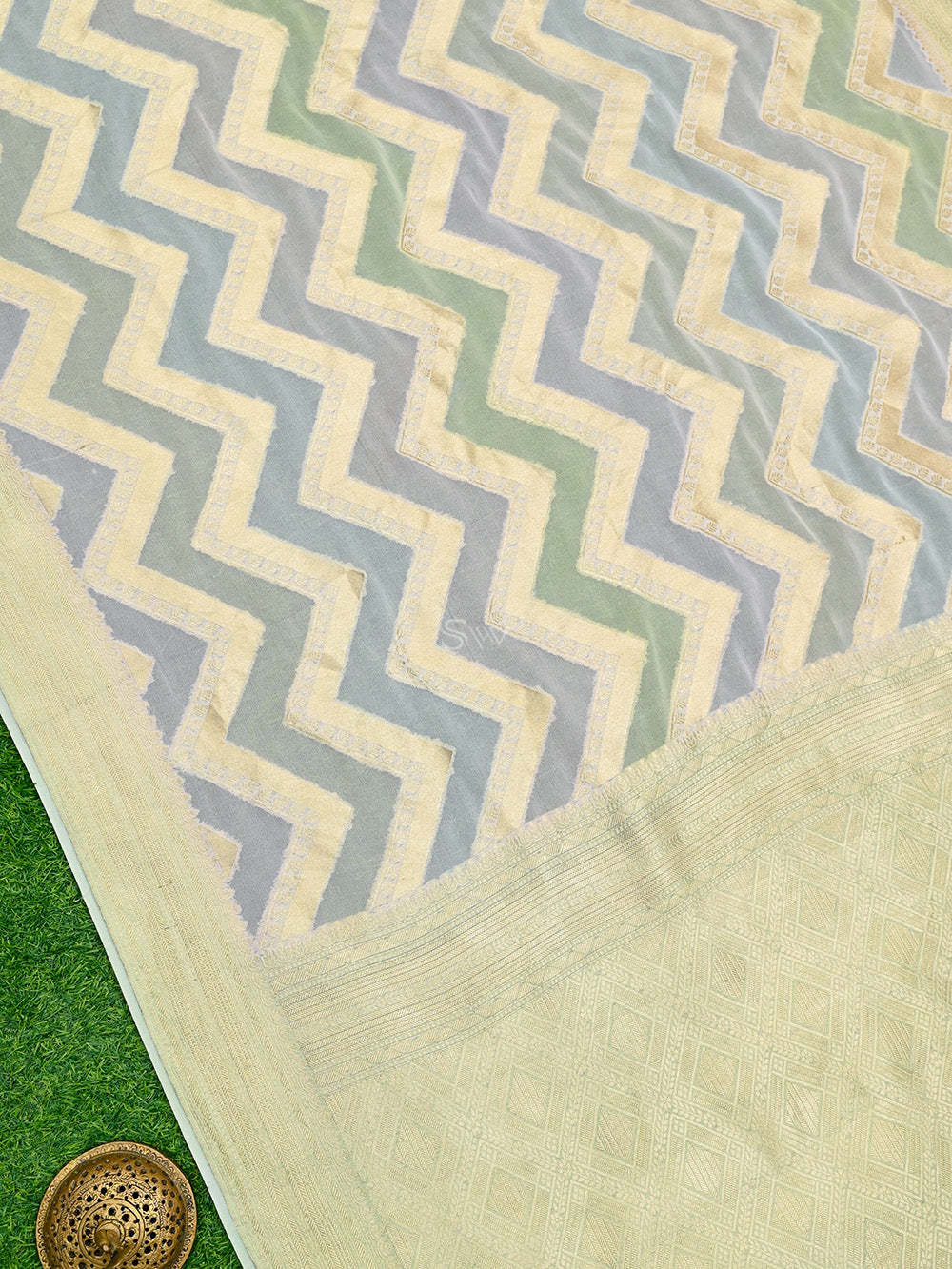 Pastel Green Purple Rangkat Khaddi Georgette Handloom Banarasi Saree - Sacred Weaves