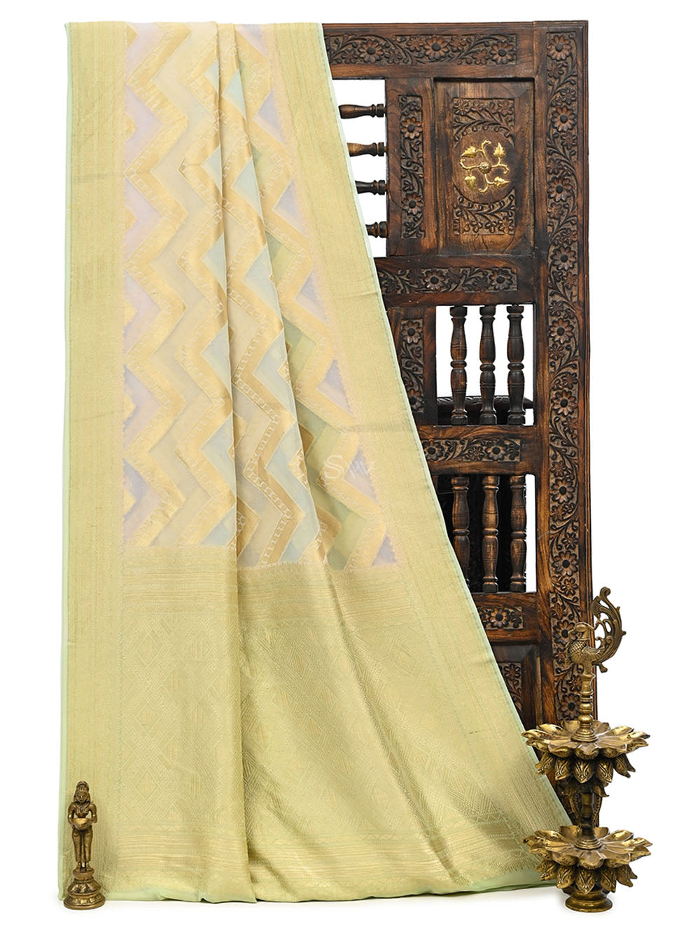 Pastel Green Purple Rangkat Khaddi Georgette Handloom Banarasi Saree - Sacred Weaves