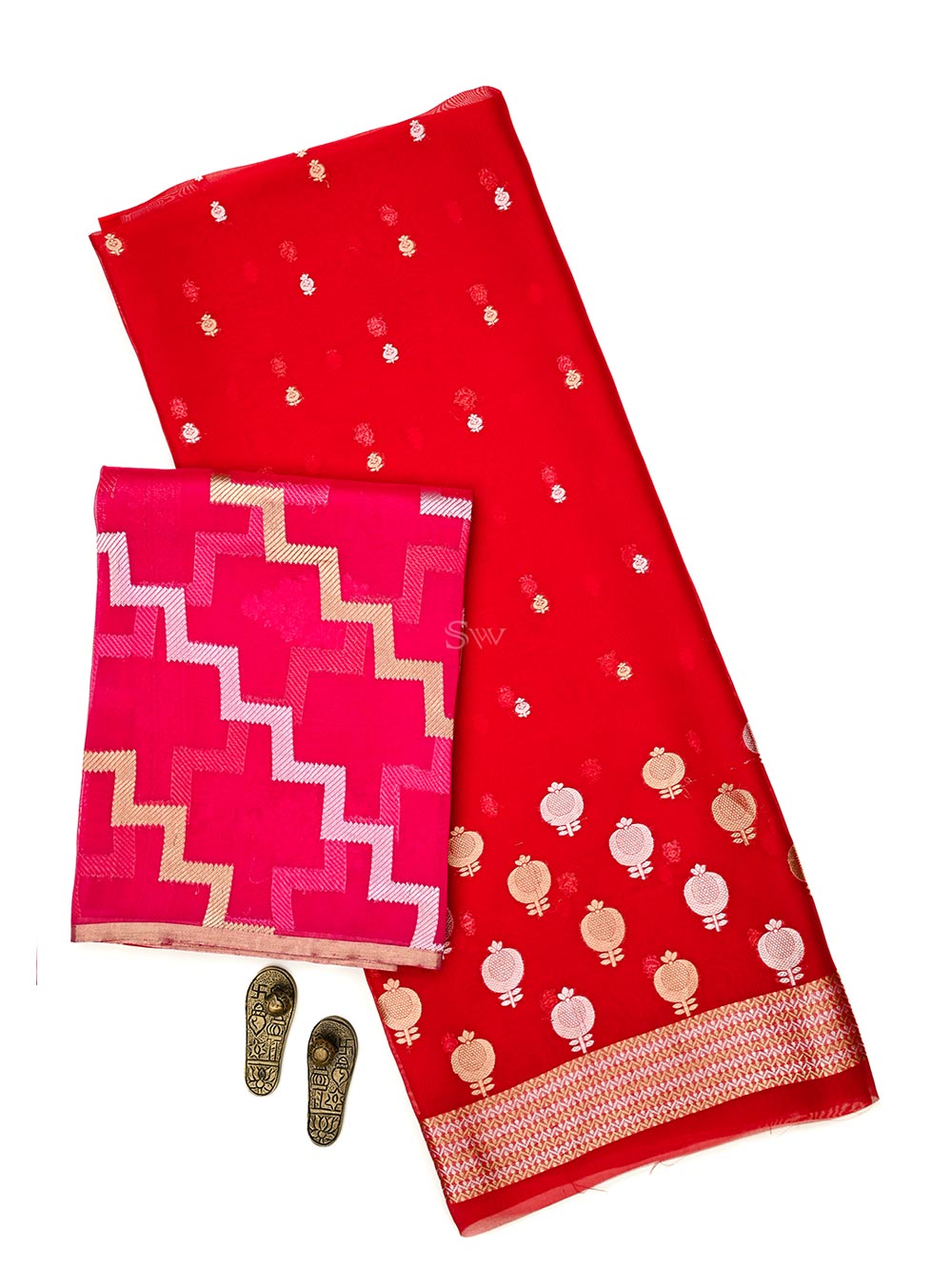 Red Booti Organza Silk Handloom Banarasi Suit - Sacred Weaves