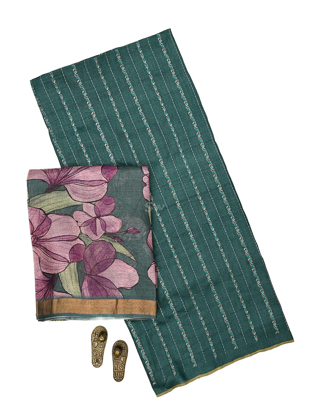 Bottle Green Tussar Silk Handloom Banarasi Suit - Sacred Weaves