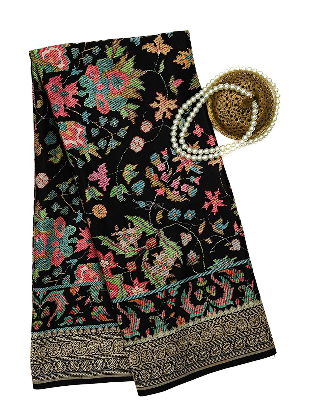 Black Printed Satin Silk Handloom Banarasi Saree - Sacred Weaves