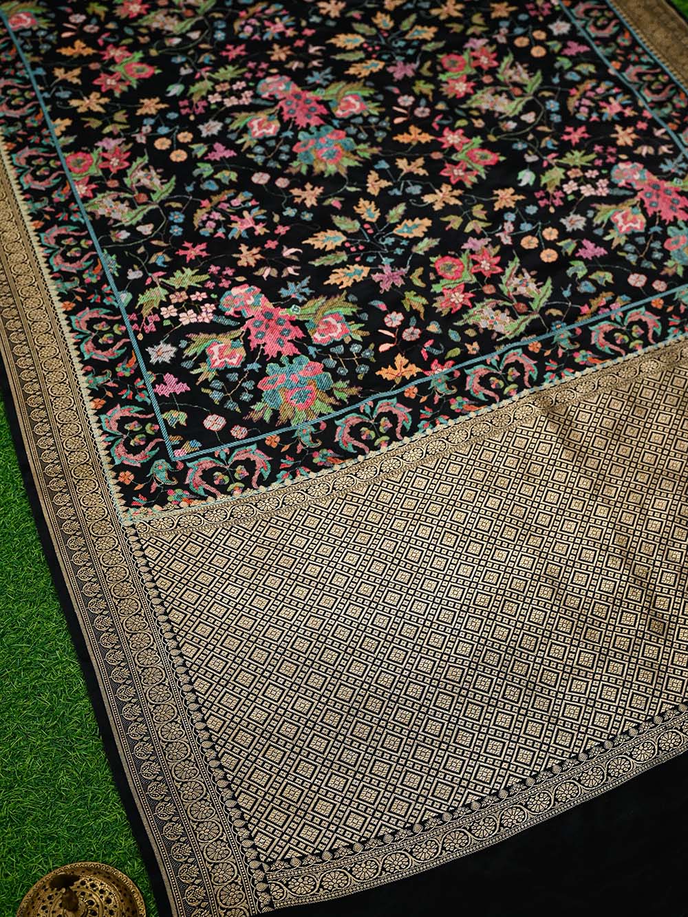 Black Printed Satin Silk Handloom Banarasi Saree - Sacred Weaves