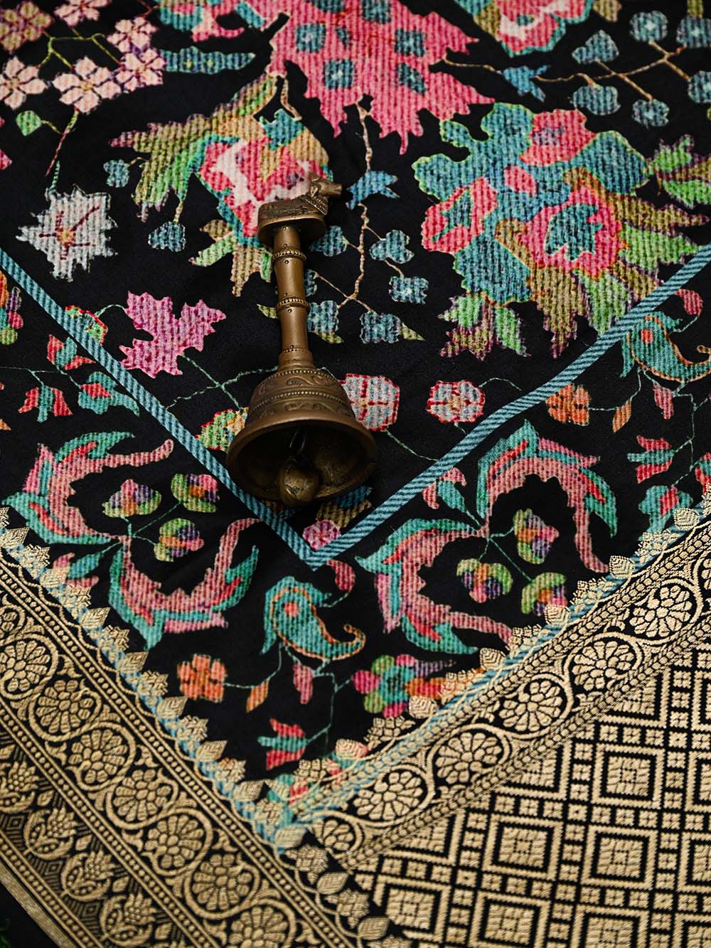 Black Printed Satin Silk Handloom Banarasi Saree - Sacred Weaves