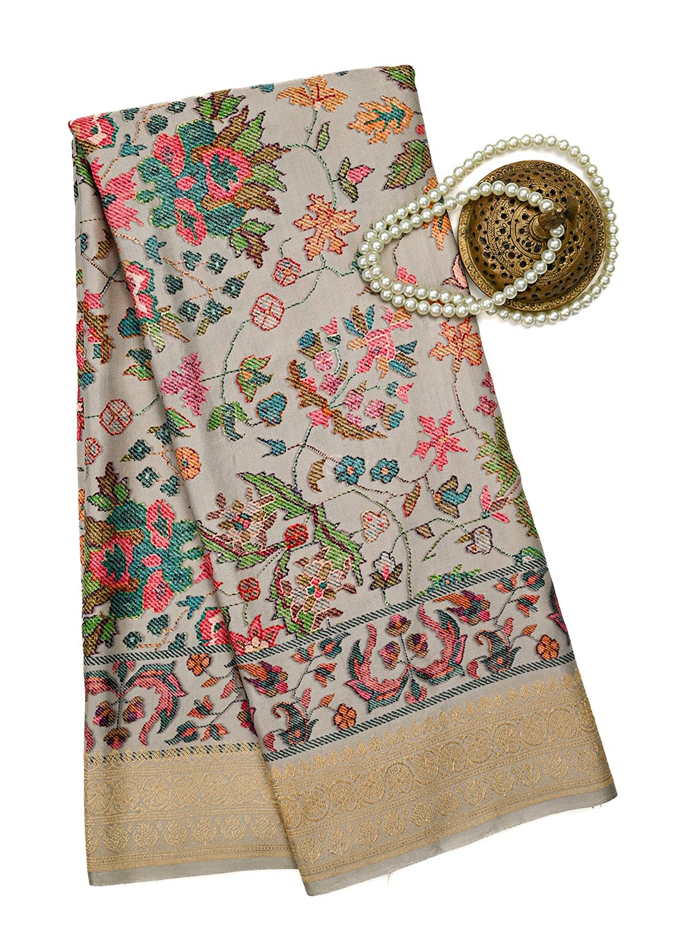 Light Beige Printed Satin Silk Handloom Banarasi Saree - Sacred Weaves