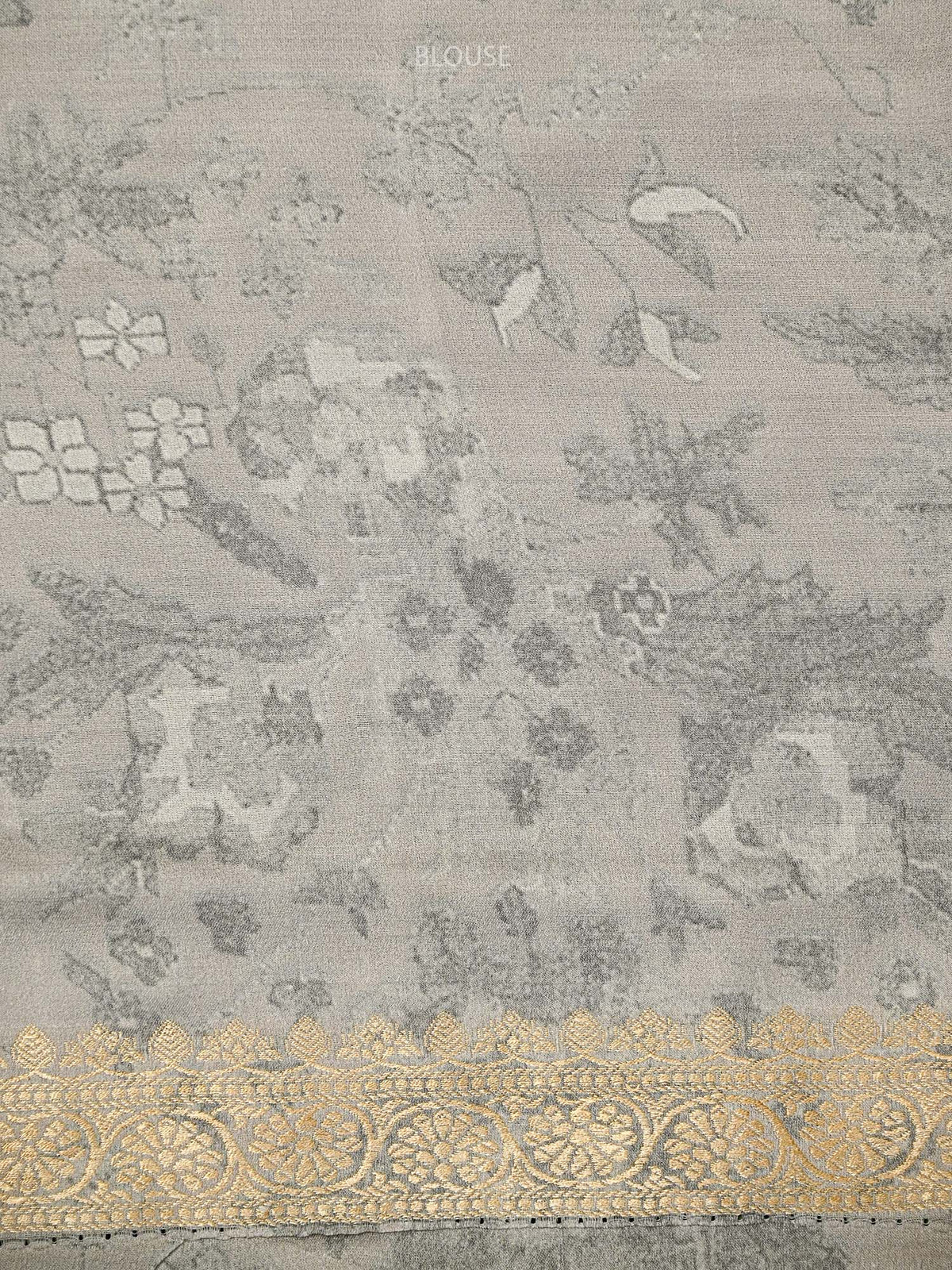 Light Beige Printed Satin Silk Handloom Banarasi Saree - Sacred Weaves