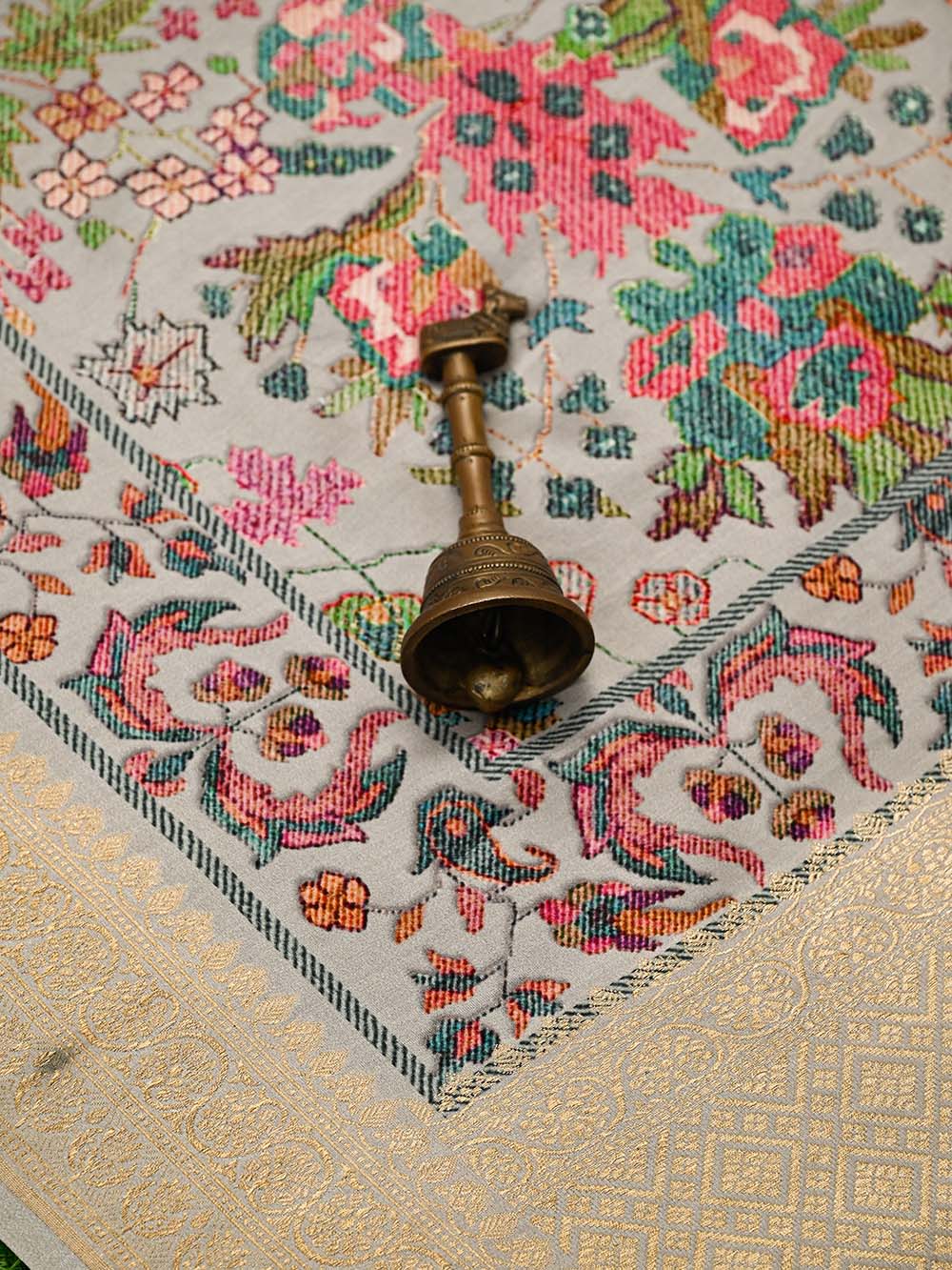 Light Beige Printed Satin Silk Handloom Banarasi Saree - Sacred Weaves