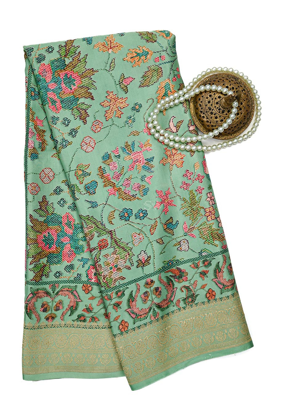 Seafoam Green Printed Satin Silk Handloom Banarasi Saree - Sacred Weaves