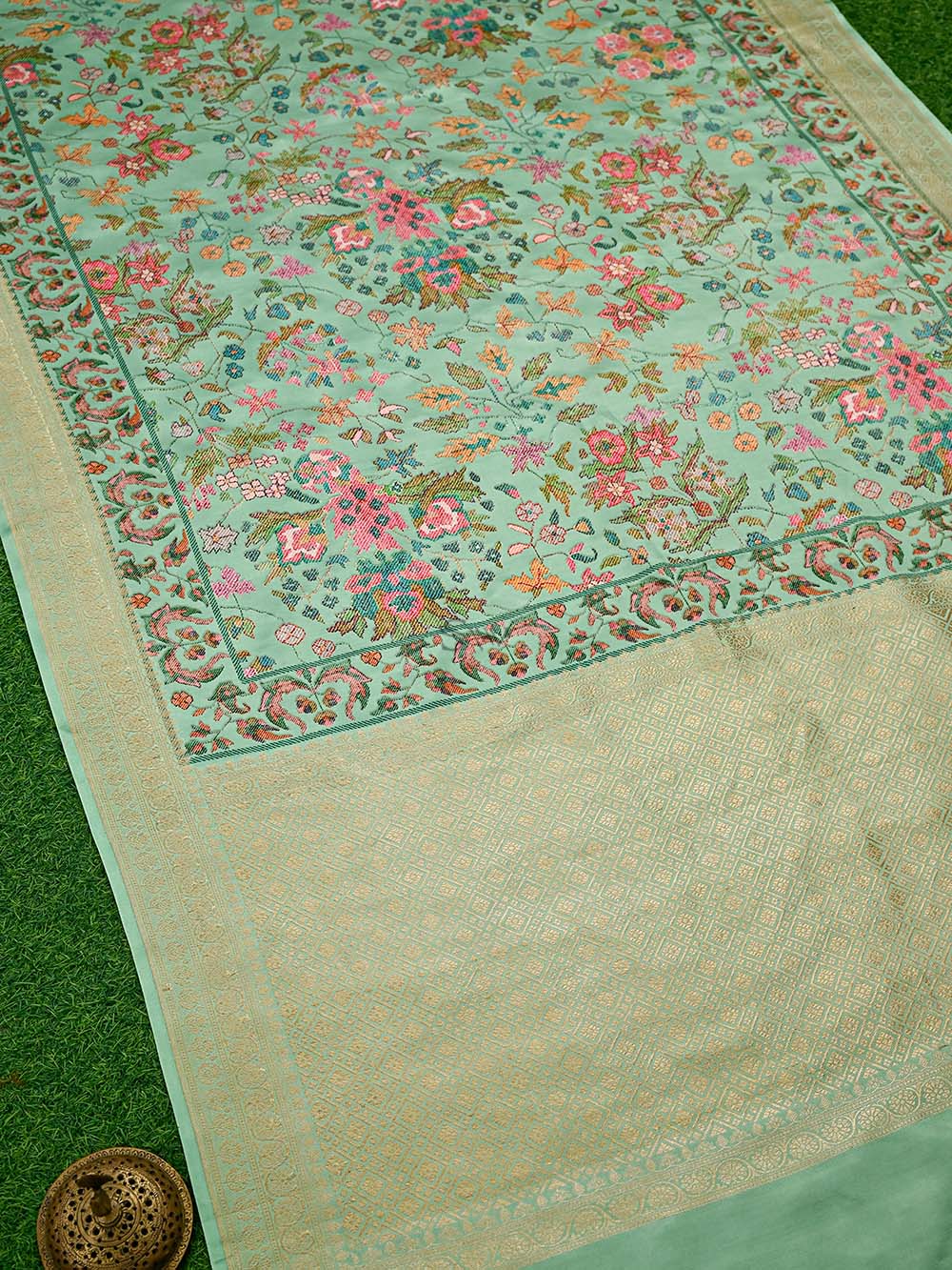 Seafoam Green Printed Satin Silk Handloom Banarasi Saree - Sacred Weaves