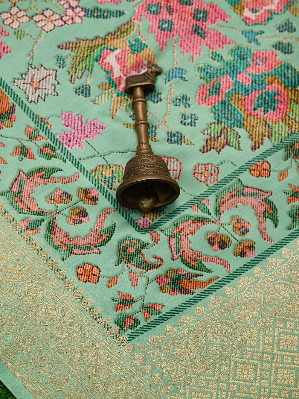 Seafoam Green Printed Satin Silk Handloom Banarasi Saree - Sacred Weaves