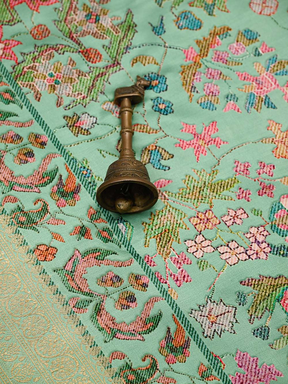 Seafoam Green Printed Satin Silk Handloom Banarasi Saree - Sacred Weaves