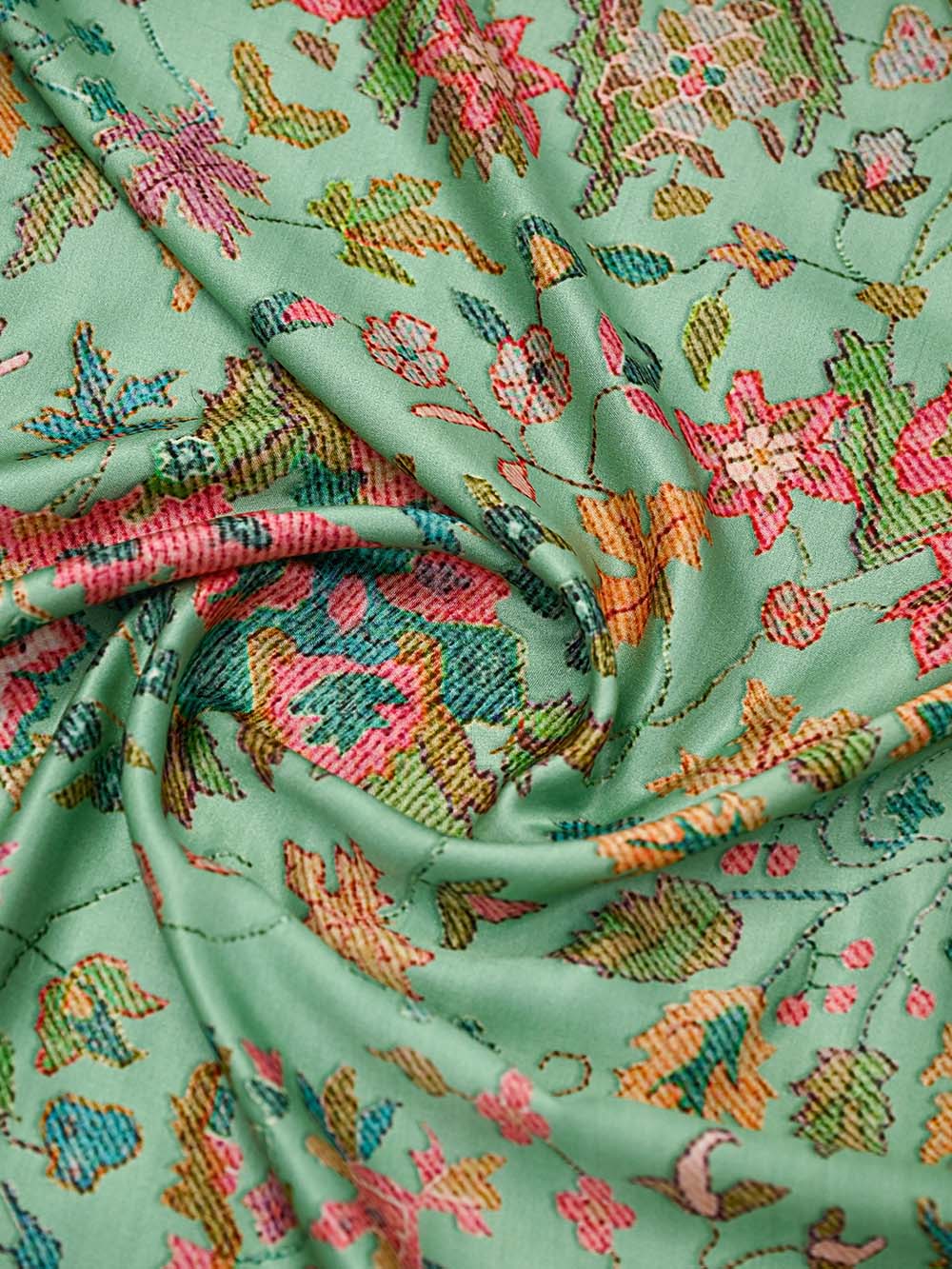 Seafoam Green Printed Satin Silk Handloom Banarasi Saree - Sacred Weaves