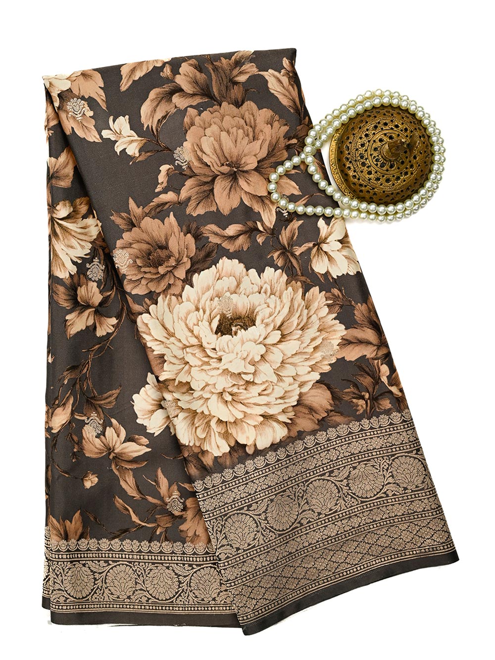 Dark Brown Printed Satin Silk Handloom Banarasi Saree - Sacred Weaves