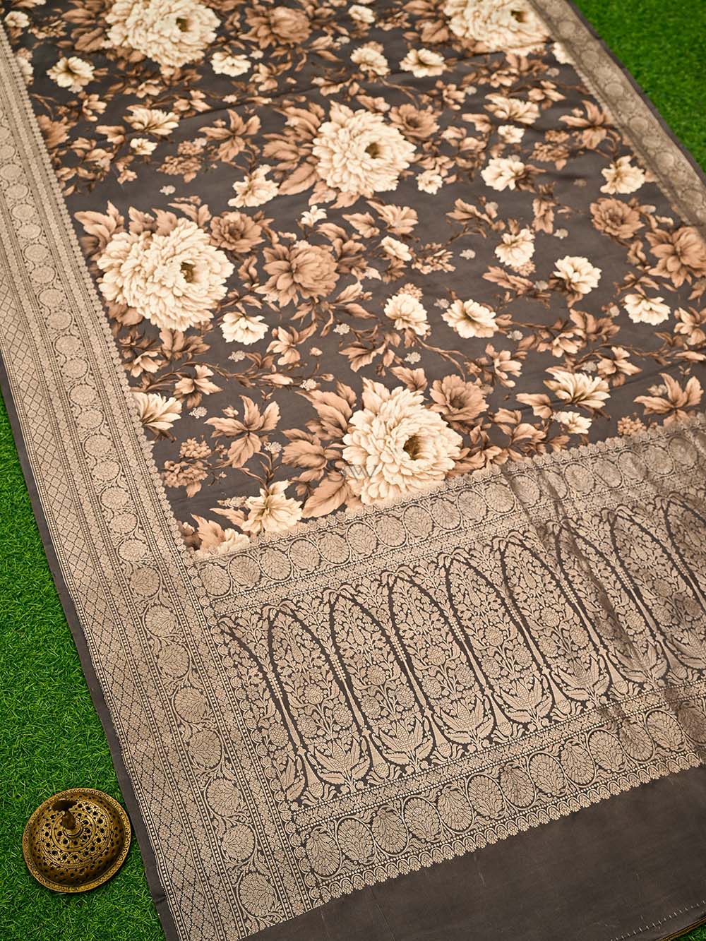 Dark Brown Printed Satin Silk Handloom Banarasi Saree - Sacred Weaves