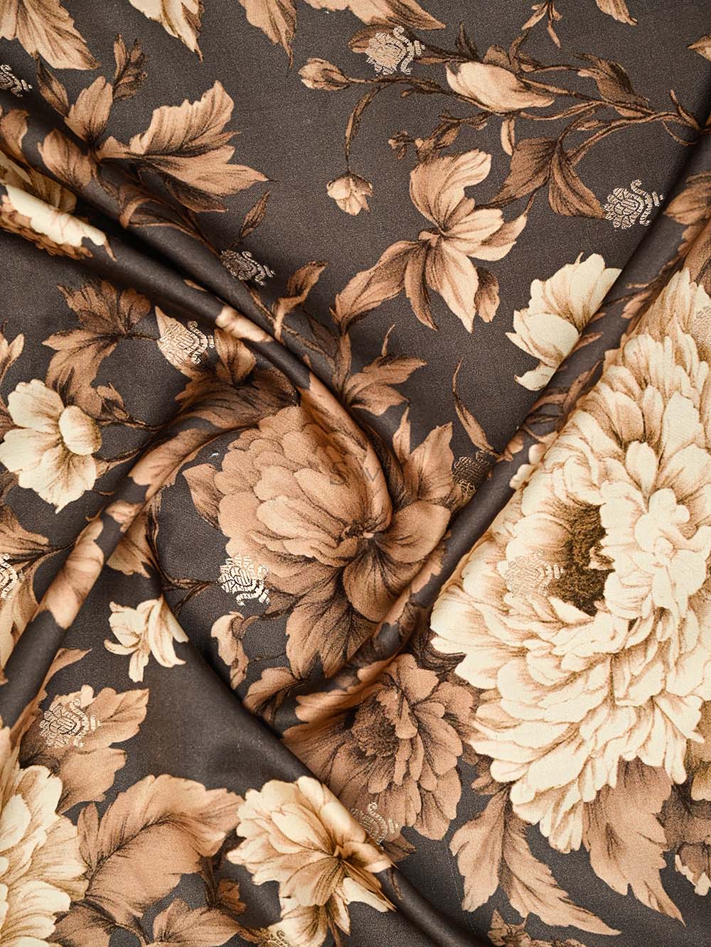 Dark Brown Printed Satin Silk Handloom Banarasi Saree - Sacred Weaves