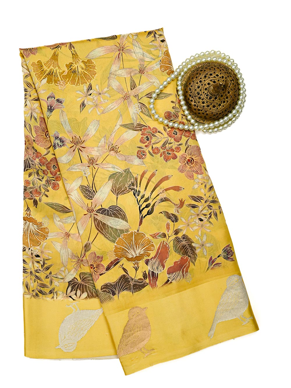 Yellow Printed Pure Silk Handloom Banarasi Saree