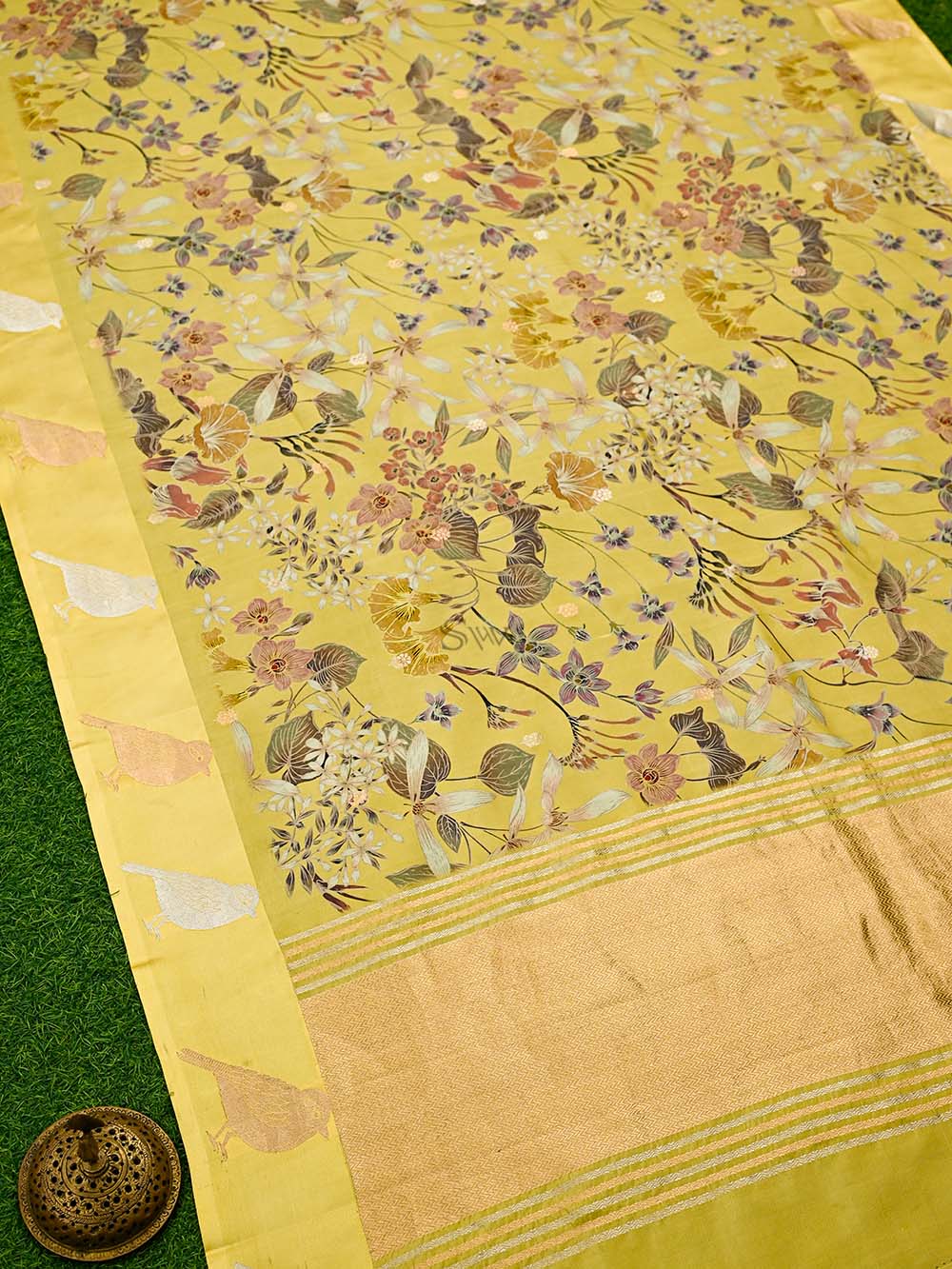 Yellow Printed Pure Silk Handloom Banarasi Saree