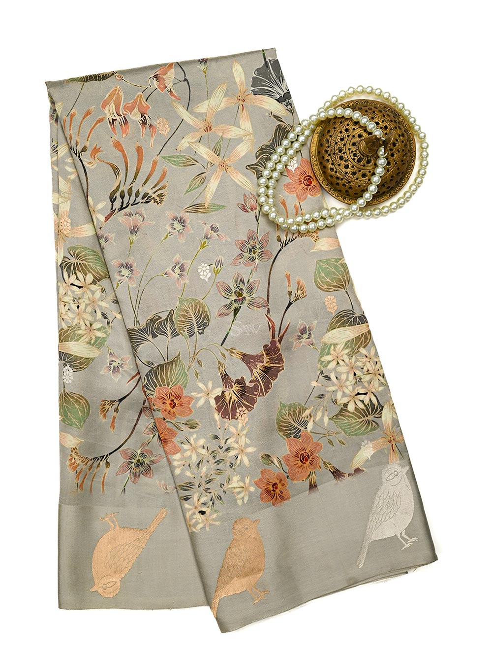 Grey Printed Pure Silk Handloom Banarasi Saree