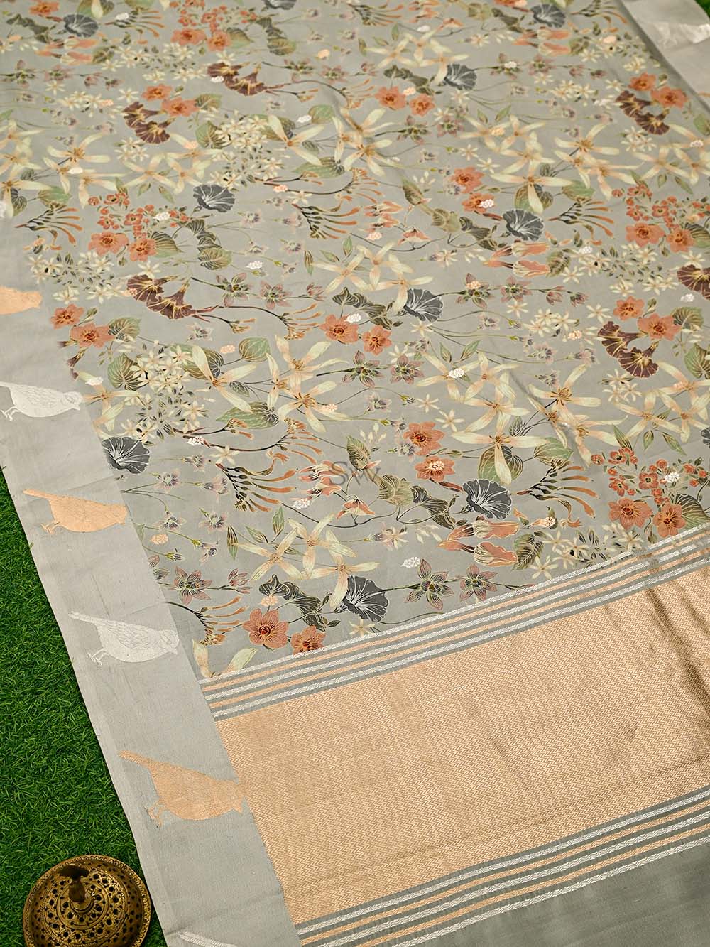 Grey Printed Pure Silk Handloom Banarasi Saree