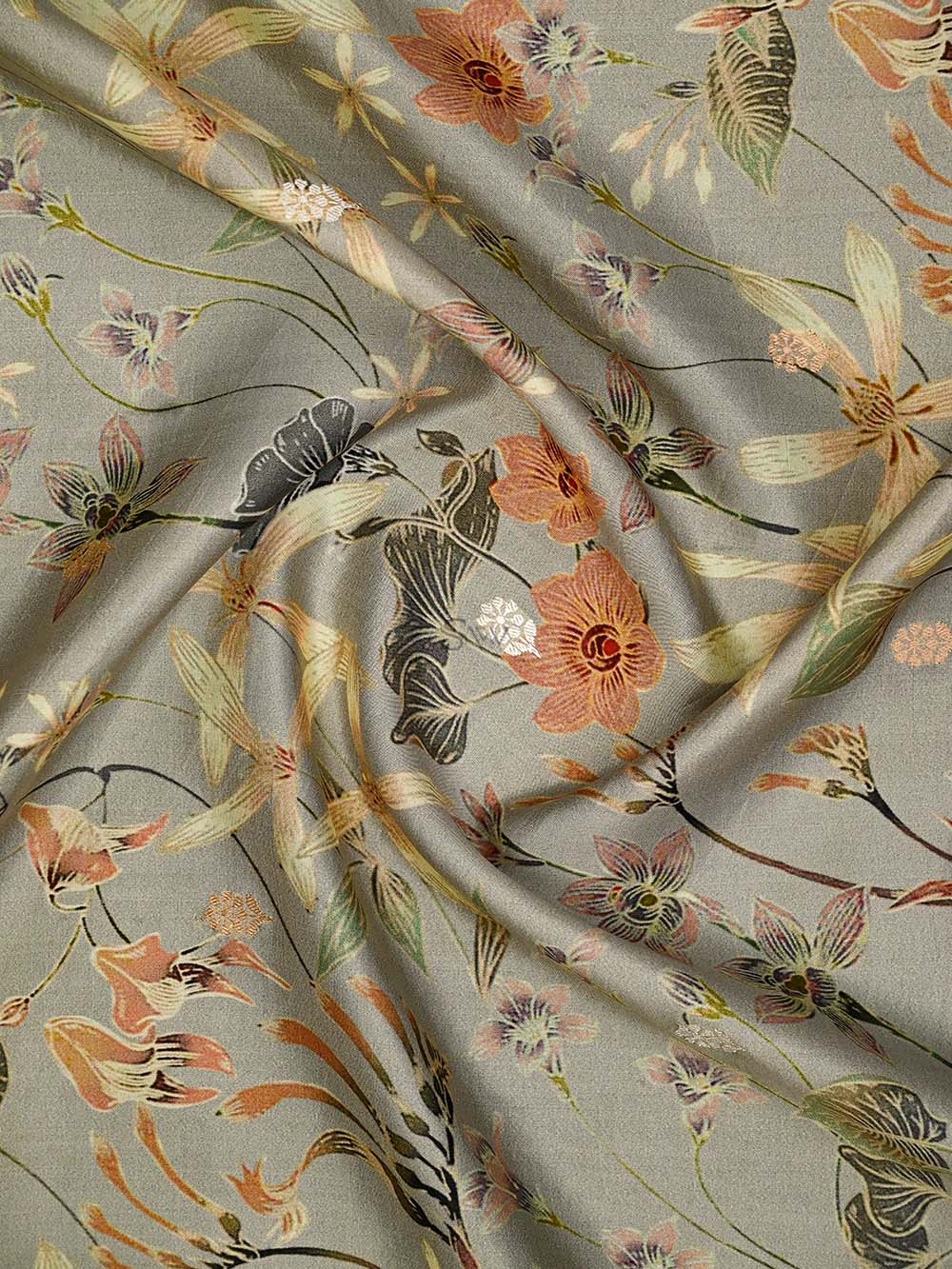 Grey Printed Pure Silk Handloom Banarasi Saree