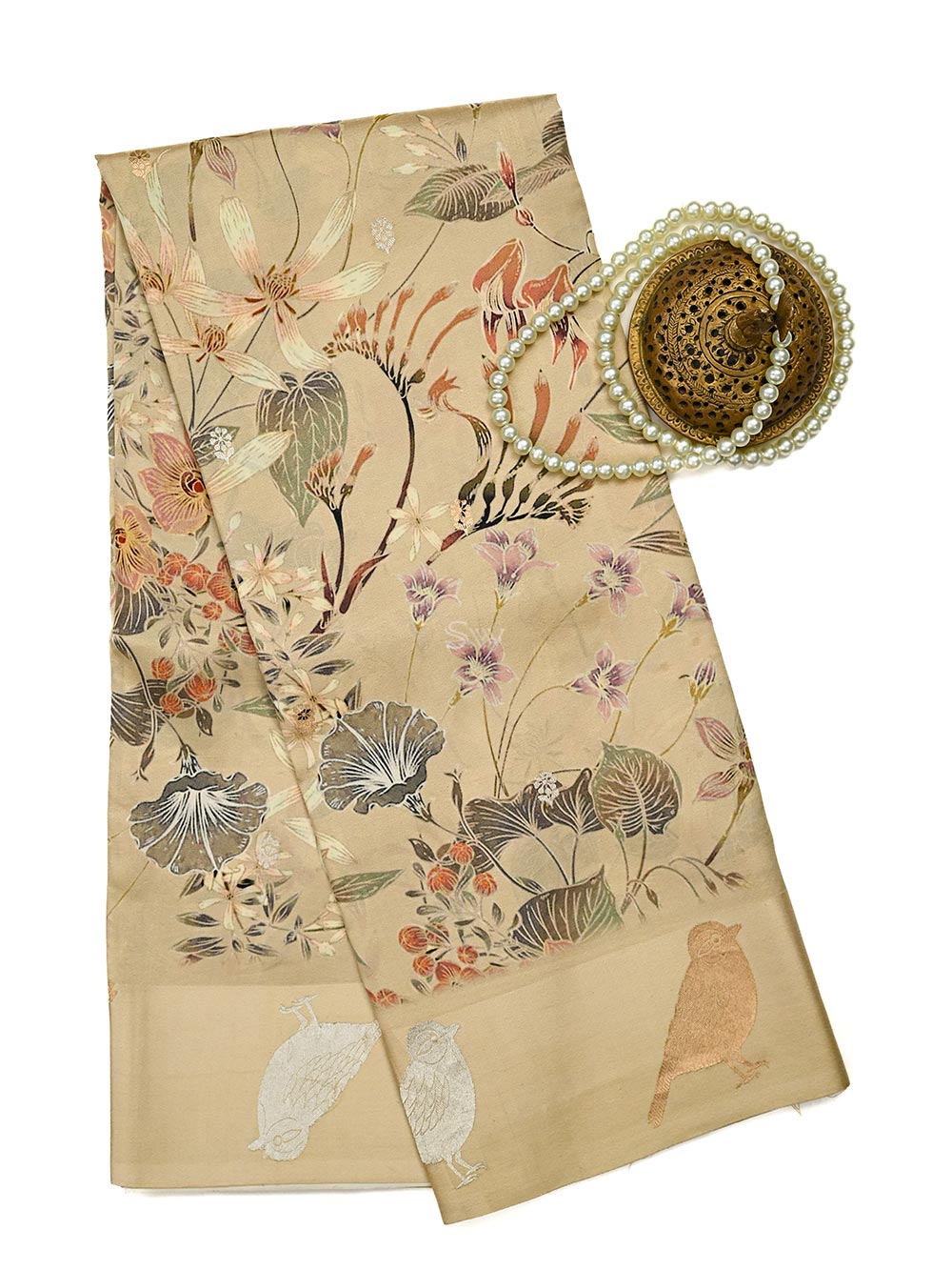 Beige Printed Pure Silk Handloom Banarasi Saree