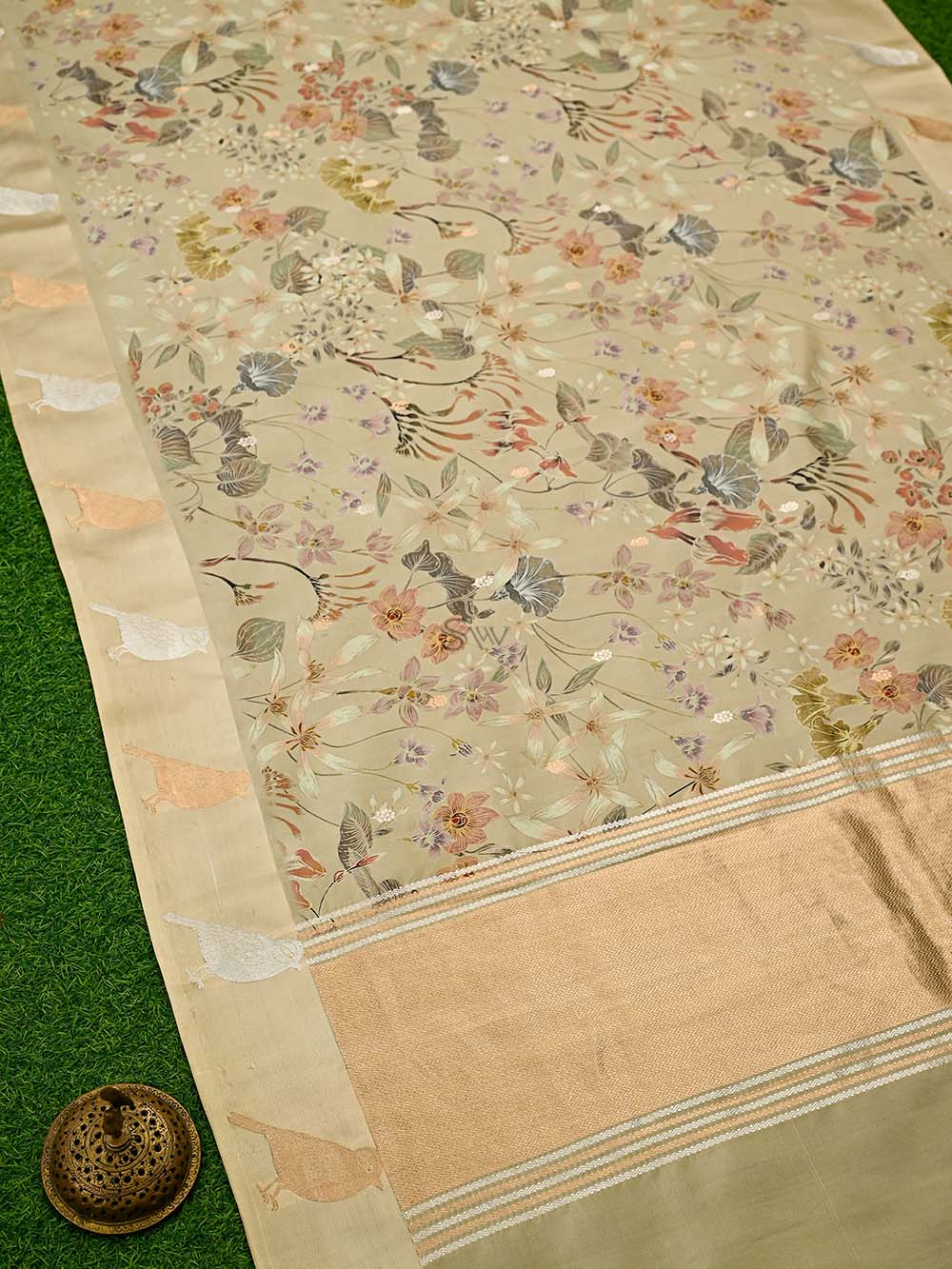 Beige Printed Pure Silk Handloom Banarasi Saree