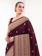 Wine Gold Zari Booti Satin Silk Handloom Banarasi Saree - Sacred Weaves