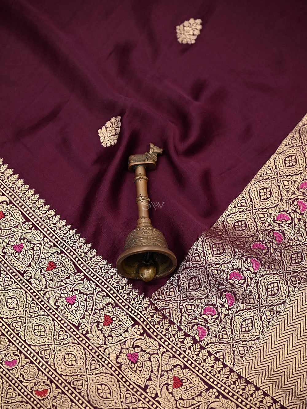 Wine Gold Zari Booti Satin Silk Handloom Banarasi Saree - Sacred Weaves