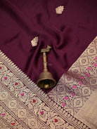 Wine Gold Zari Booti Satin Silk Handloom Banarasi Saree - Sacred Weaves