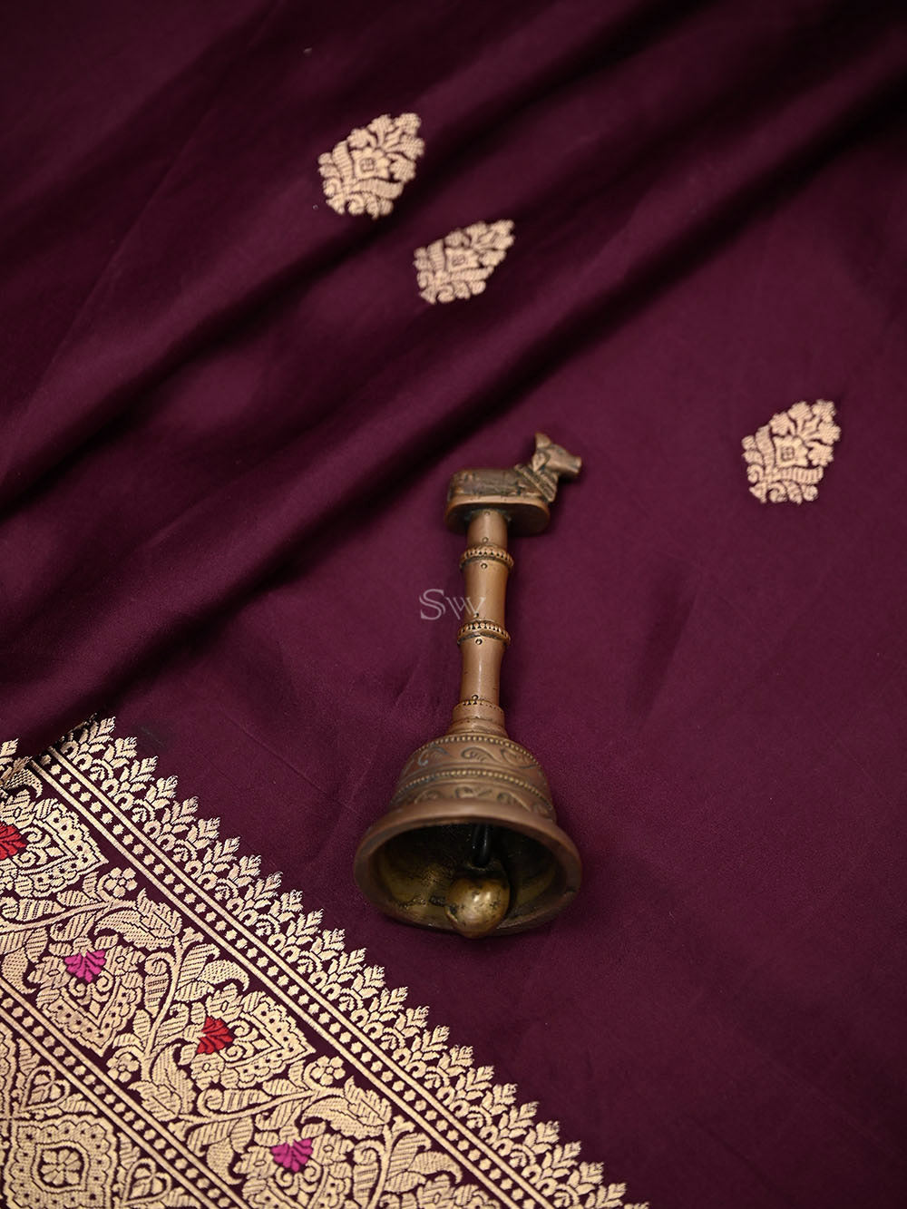Wine Gold Zari Booti Satin Silk Handloom Banarasi Saree - Sacred Weaves