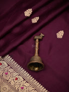 Wine Gold Zari Booti Satin Silk Handloom Banarasi Saree - Sacred Weaves