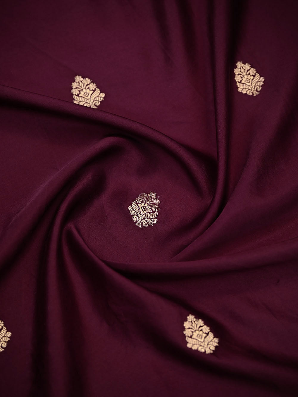 Wine Gold Zari Booti Satin Silk Handloom Banarasi Saree - Sacred Weaves