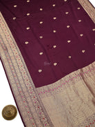 Wine Gold Zari Booti Satin Silk Handloom Banarasi Saree - Sacred Weaves