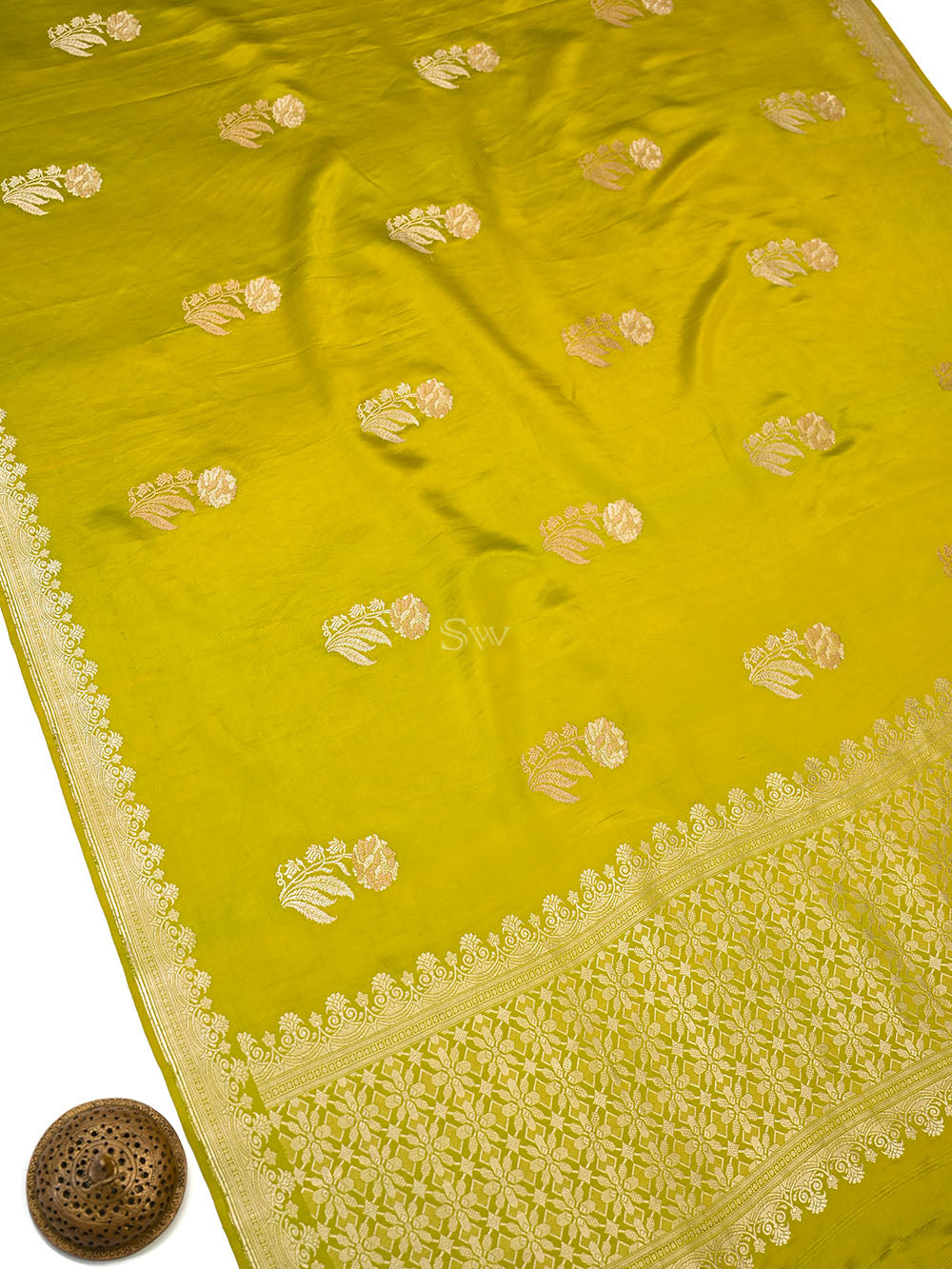 Lime Yellow Sona Roopa Boota Satin Silk Handloom Banarasi Saree - Sacred Weaves